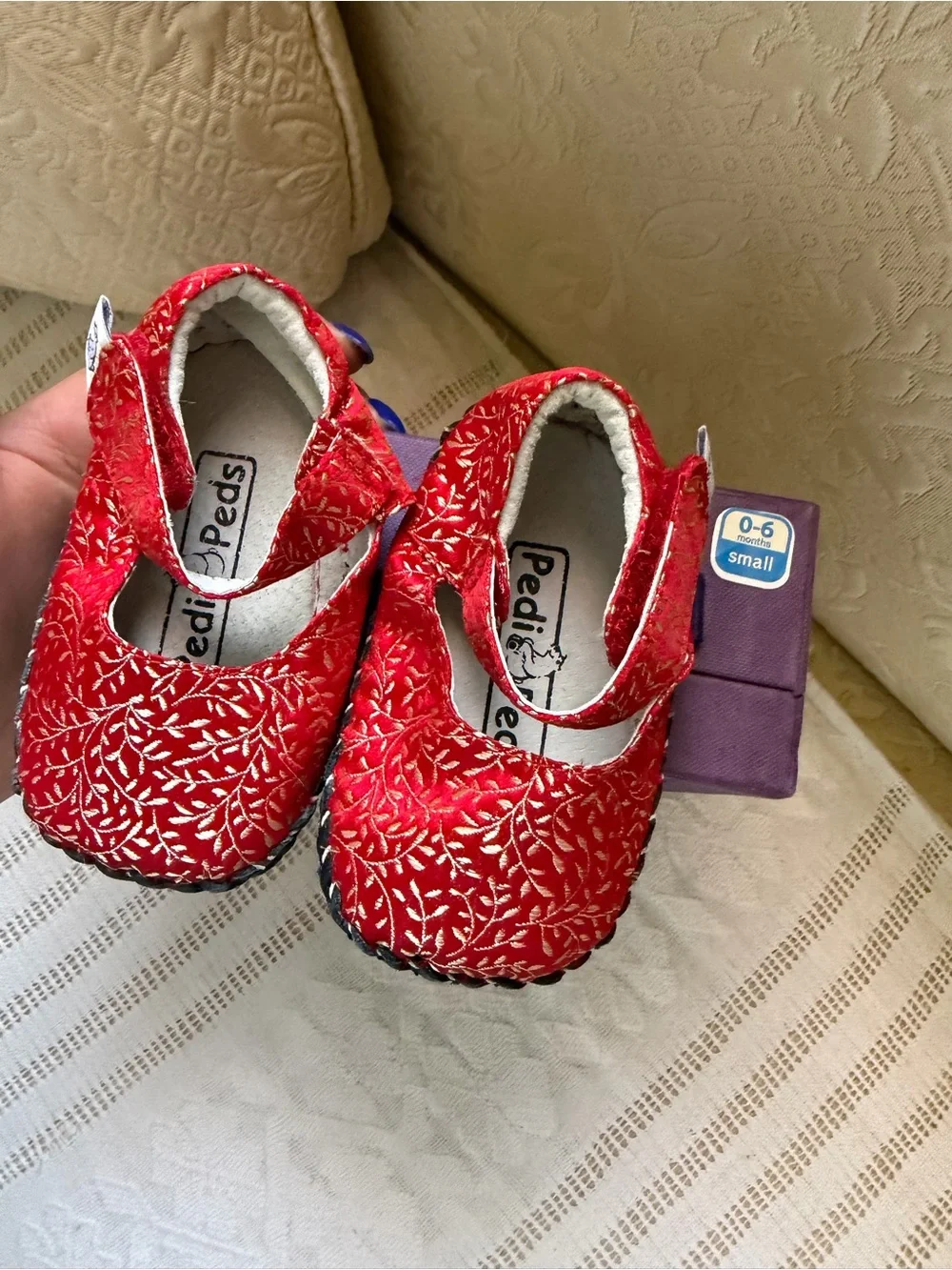 pediped Red Mary Jane Moccasins with Gold Embroidery